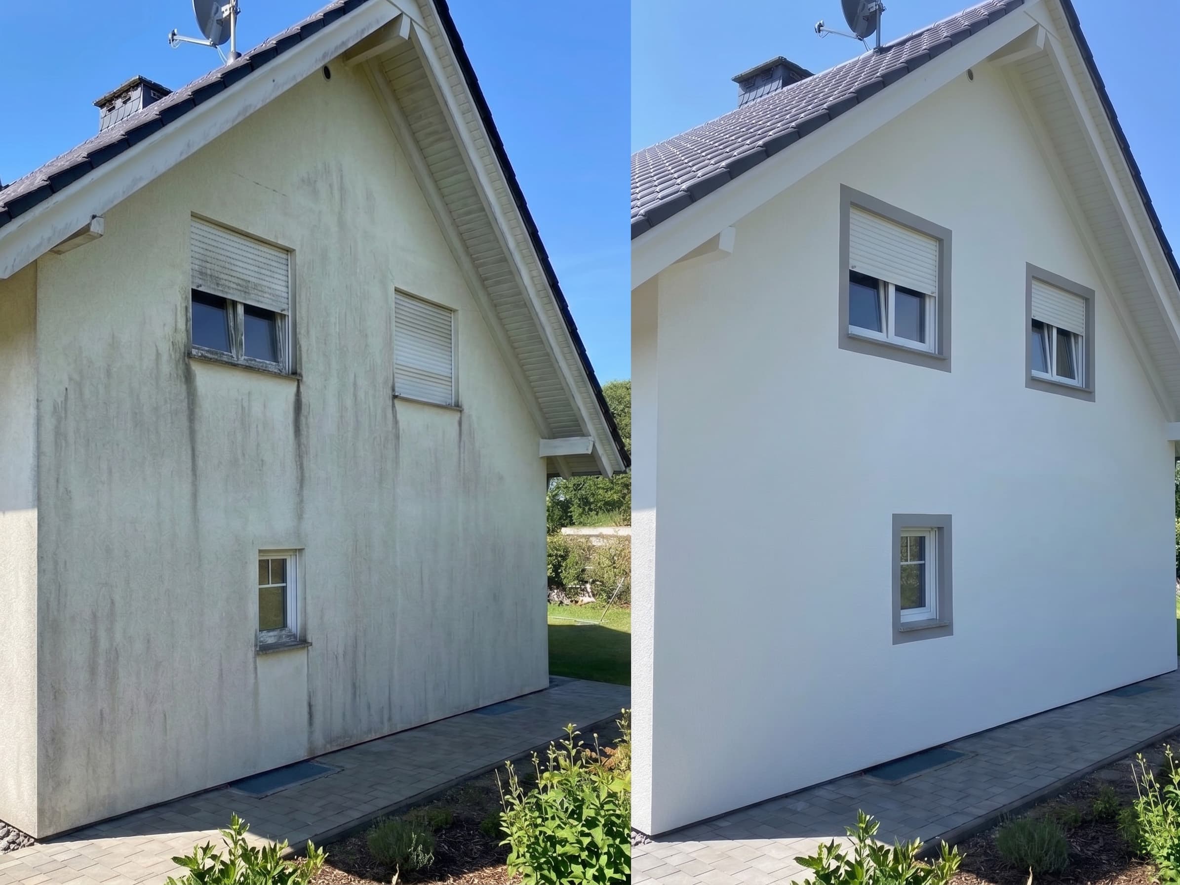 Giebelwand vor und nach dem Fassadenanstrich — links veralgt und vergraut, rechts reinweiß