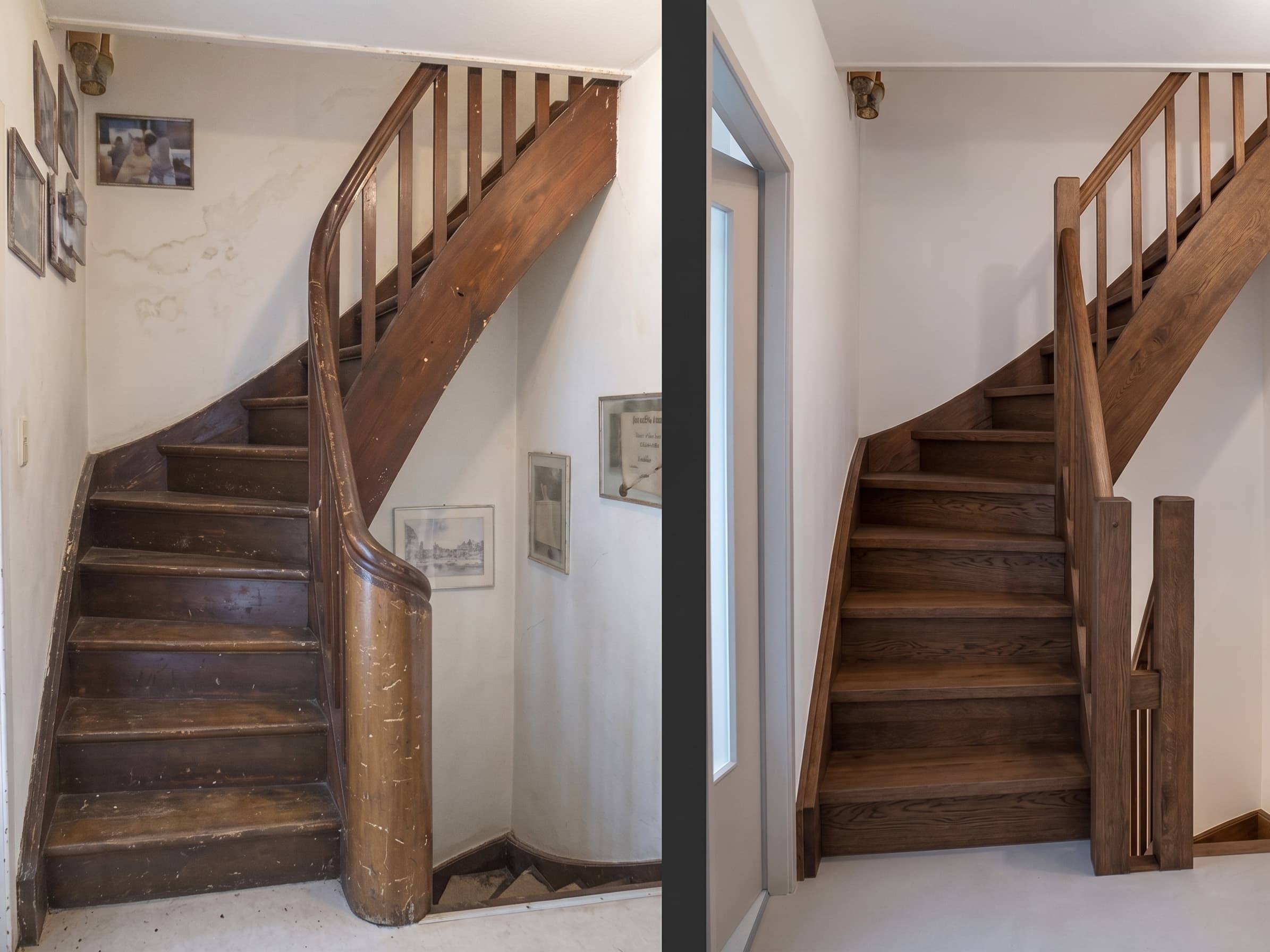 Holztreppe im Treppenhaus vor und nach der Aufarbeitung