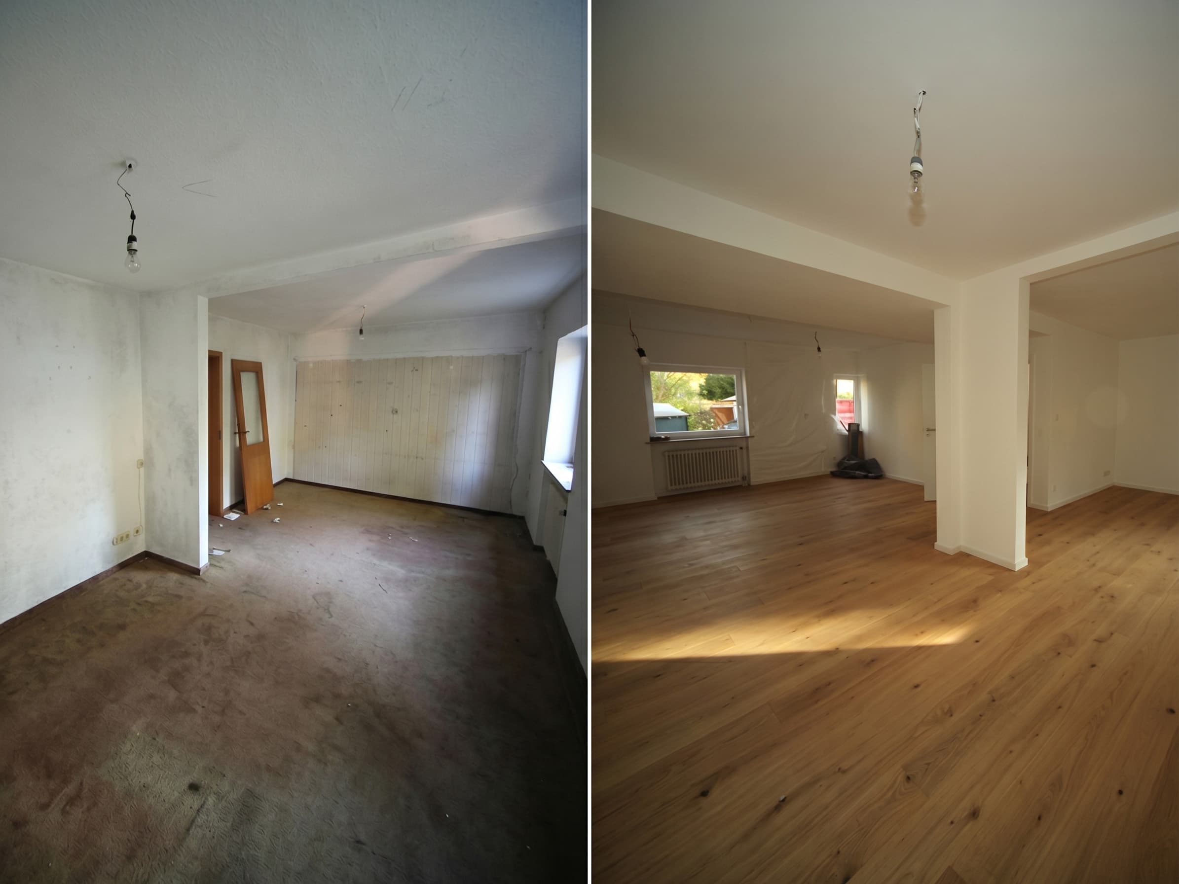 Wohnung vor und nach der Komplettrenovierung — links Rohzustand, rechts fertig mit neuem Boden